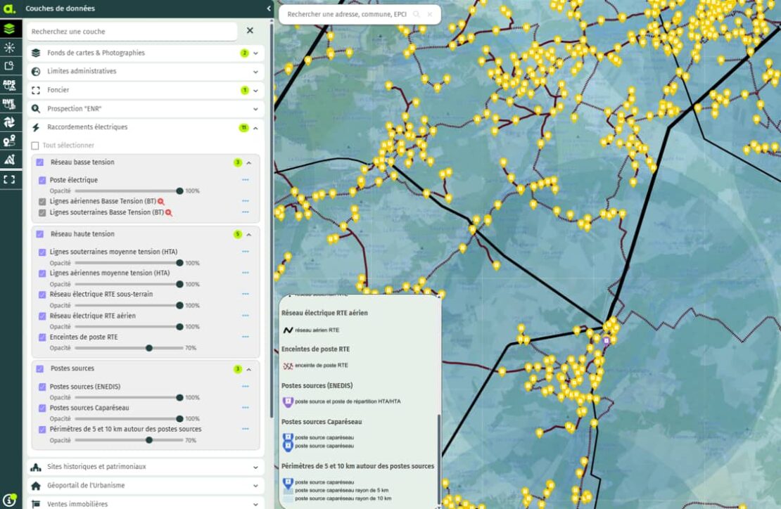 Carte des réseaux basse et haute tension et des postes sources RTE sur la carte Lumia 